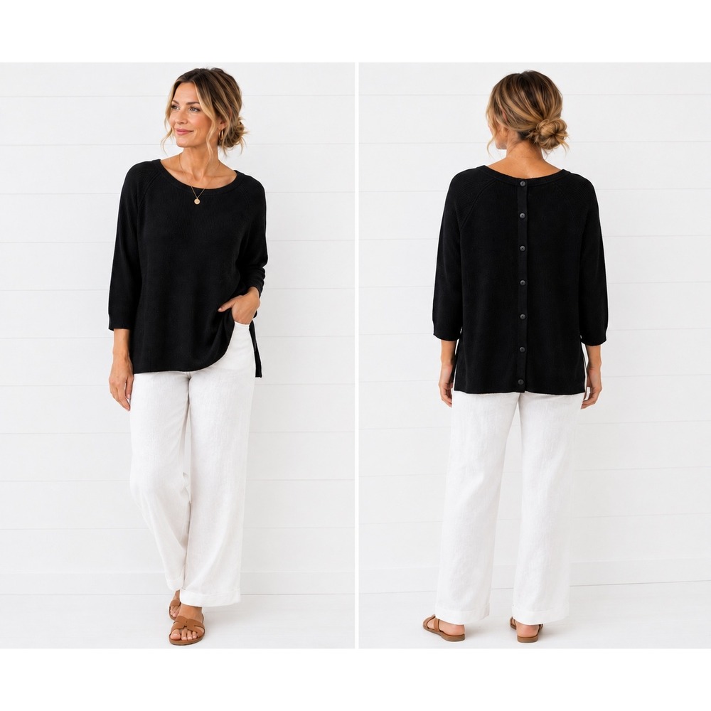 Mer-Sea  Knit Sweater L/XL Black Button Back Raglan Long Sleeve Side Slit